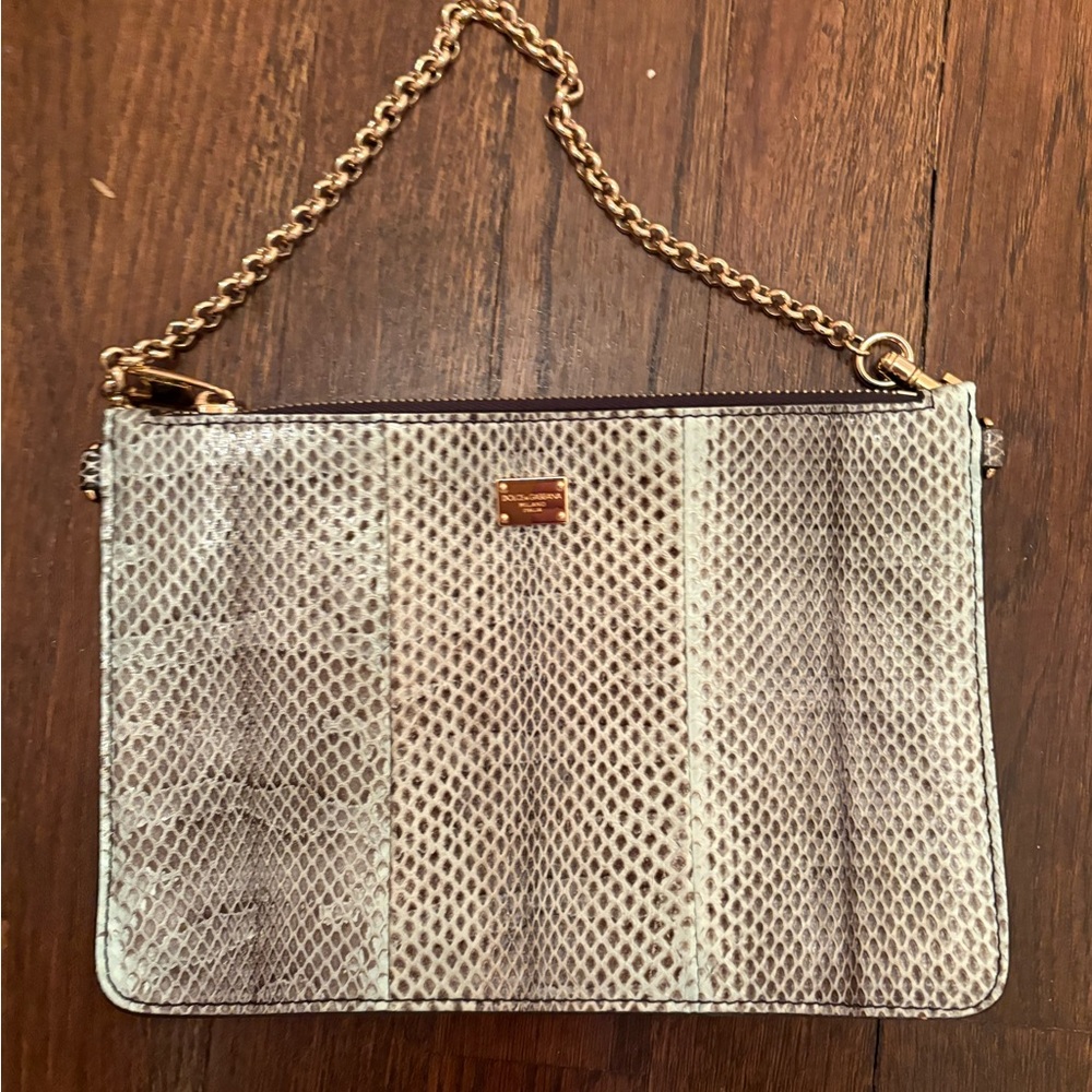 Dolce & Gabbana Gold-Chain Snake-Print Wristlet in Beige and Taupe